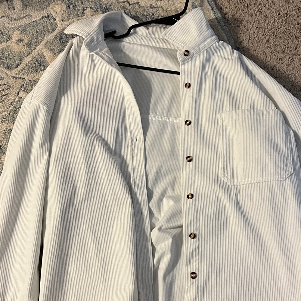White Ribbed Button-Up Shirt Jacket